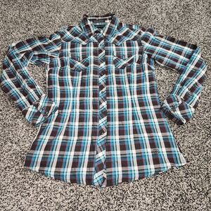 Ariat Pendleton Button Snap‎ Long-Sleeve Shirt Blue Black Plaid Studded, Women S